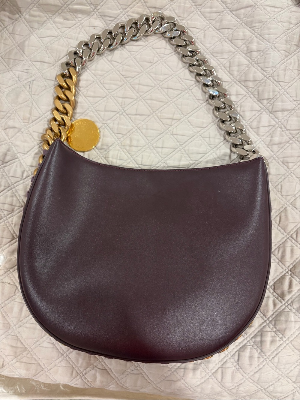 Stella McCartney Frayme Wine Burgundy Shoulder Bag with Chunky Two-Tone Chain - Picture 2 of 15